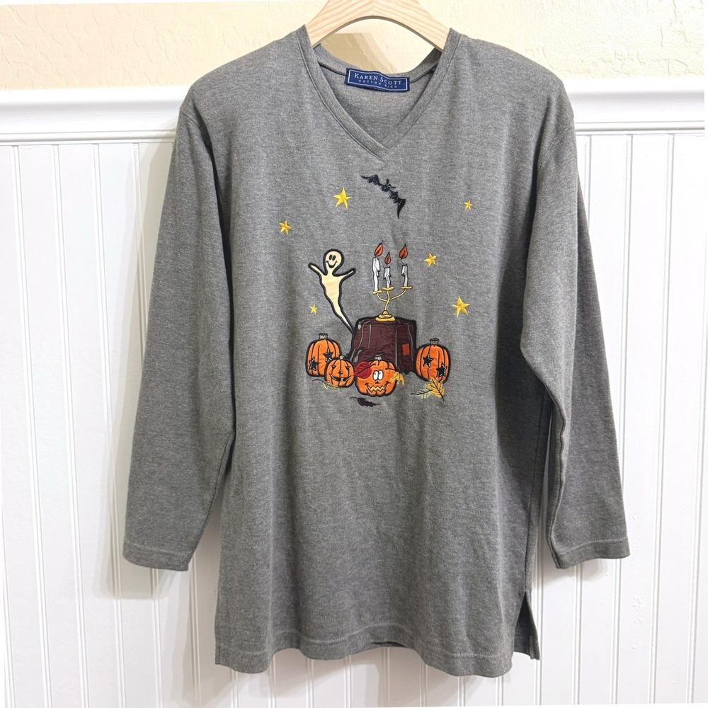 Karen Scott Womens Whimsy Halloween Embroidered Ghost V-Neck Top, Gray, S